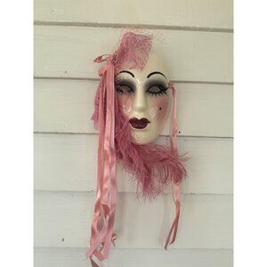 Vintage 80's Ceramic Wall Mask Feathers Lace Ribbon Artist Signed